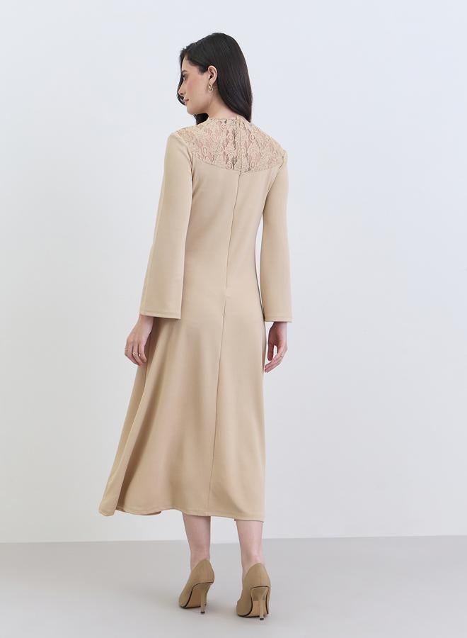 Styli Women Beige Lace Detail Long Sleeves Midi Dress - Image 5